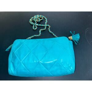 VINTAGE EIGHTIES 80's HENRI BENDEL TURQUOISE QUILTED LEATHER CROSSBODY BAG